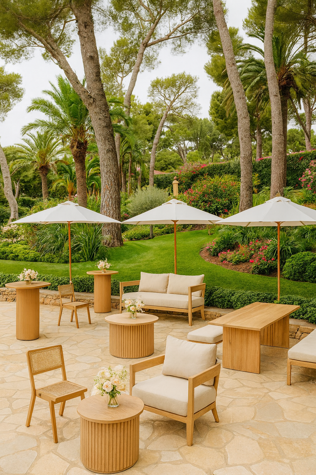 Set lounge da esterno in legno naturale con poltrone, divani, tavolini e ombrelloni bianchi per eventi in giardino tropicale