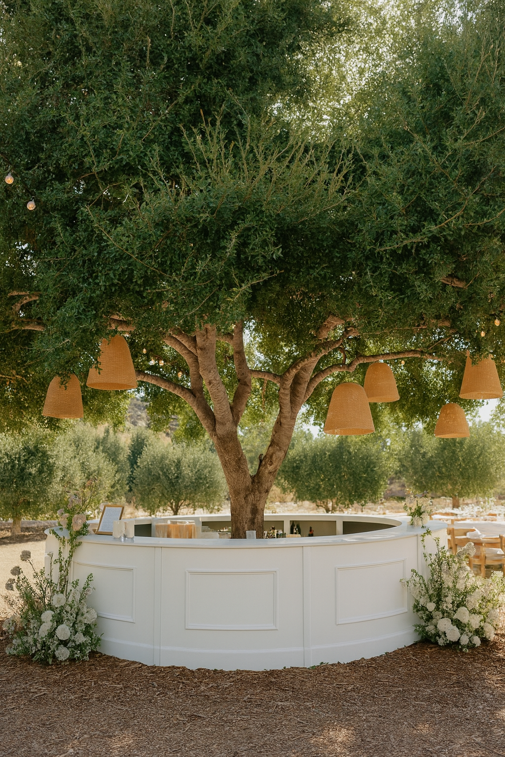 Albero secolare decorato con lanterne arancioni sospese e bancone bar circolare bianco, allestimento per cerimonie ed eventi all'aperto