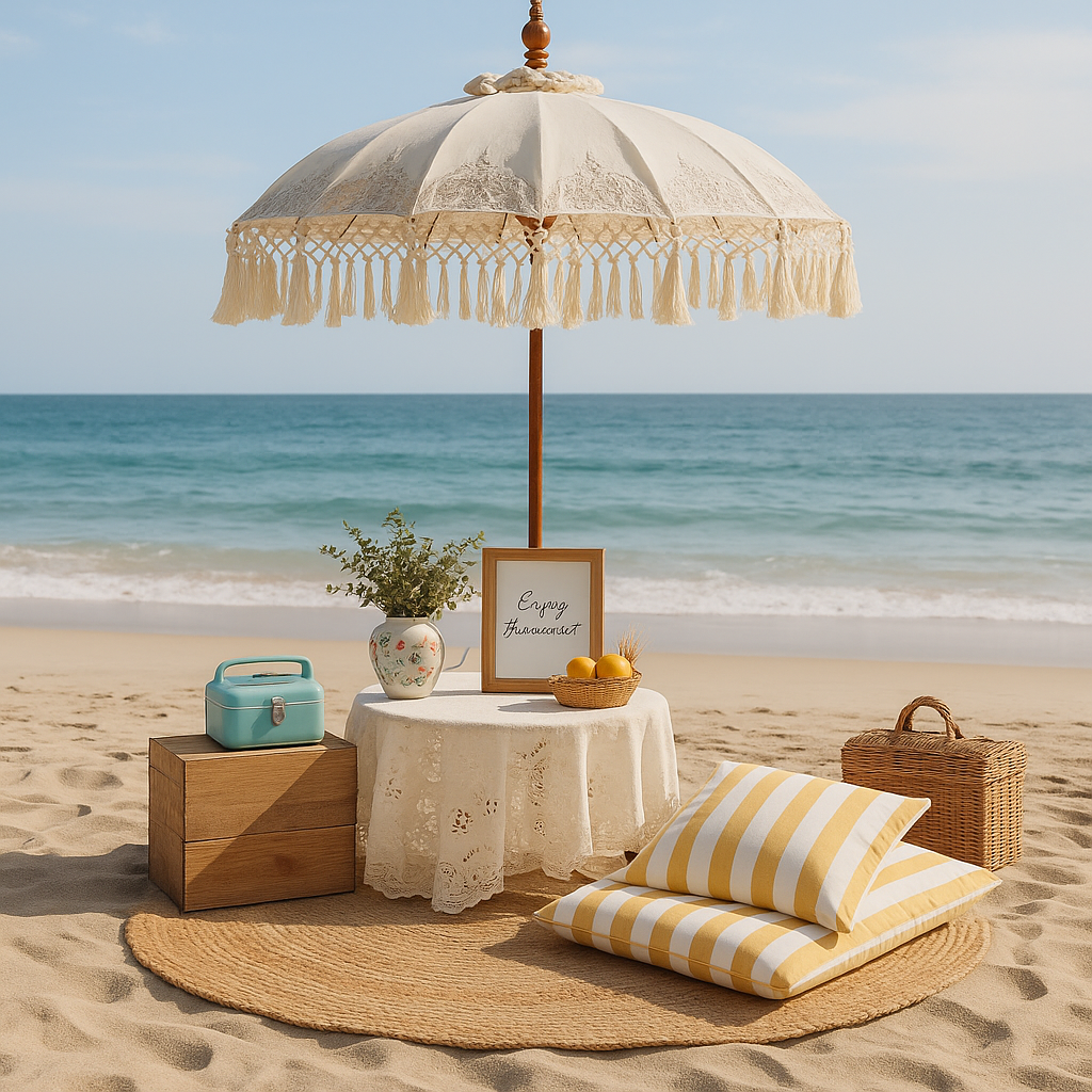 Allestimento lounge da spiaggia con ombrellone bianco, cuscini gialli e accessori decorativi per eventi