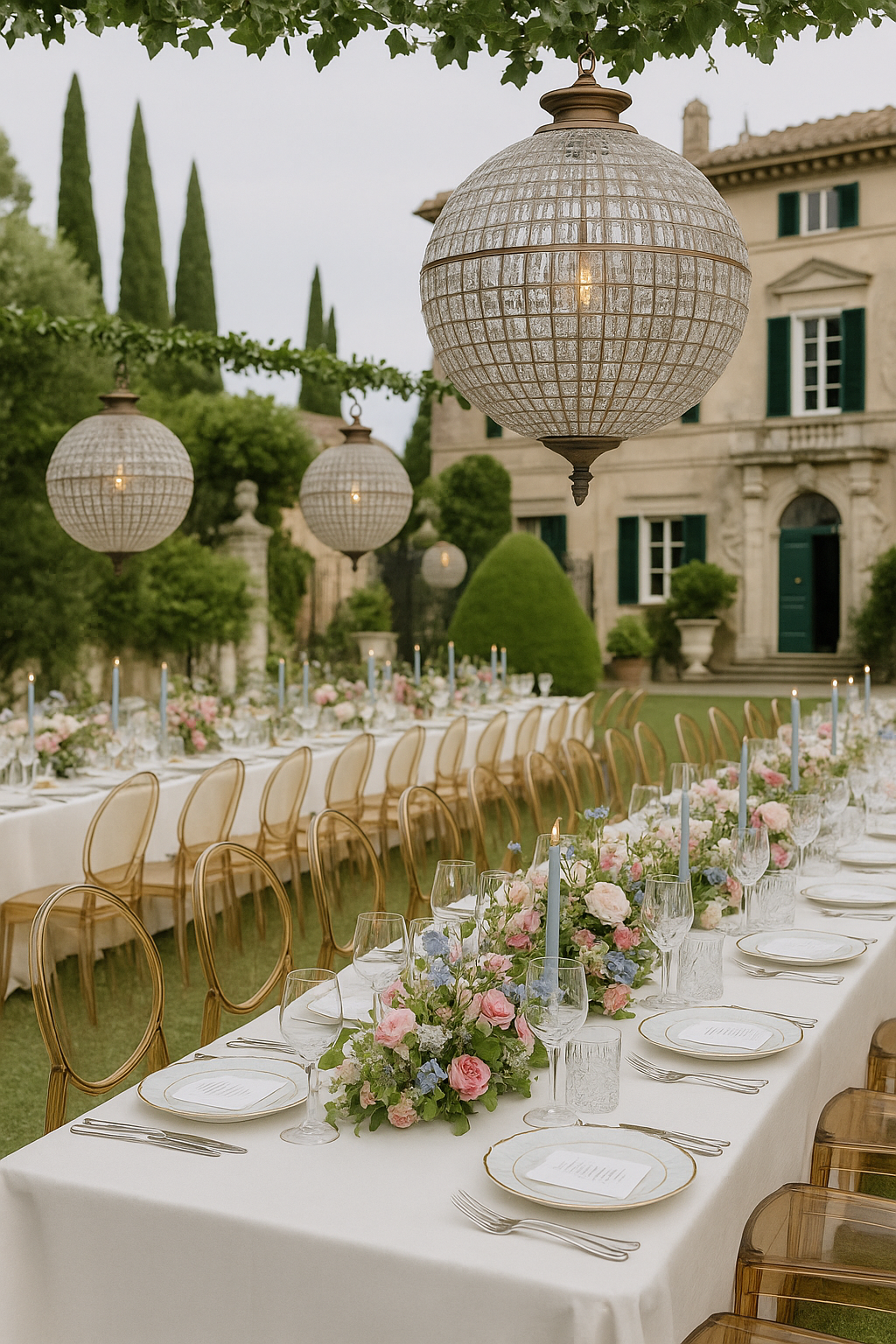 Allestimento completo matrimonio outdoor con tavolo imperiale, decorazioni floreali e illuminazione scenografica