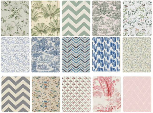 Collezione completa tovagliato noleggio eventi - tessuti floreali, chevron, damascati e tinte unite in tonalità neutre, blu e rosa