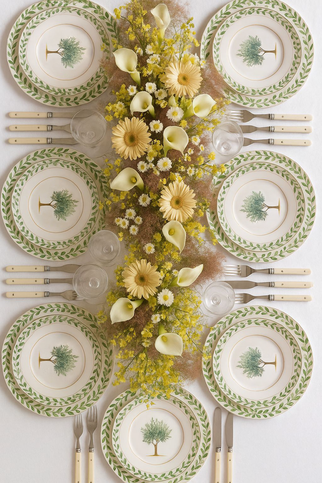 Allestimento tavola elegante con piatti decorativi verdi e centrotavola floreale dorato per eventi