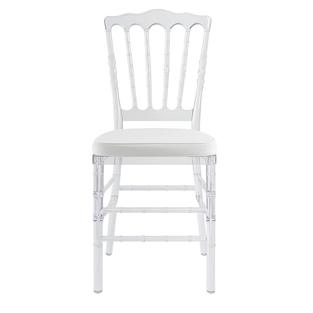 Sedia tipo chiavarina parigina tiffany in policarbonato trasparente, schienale alto e seduta liscia, a noleggio