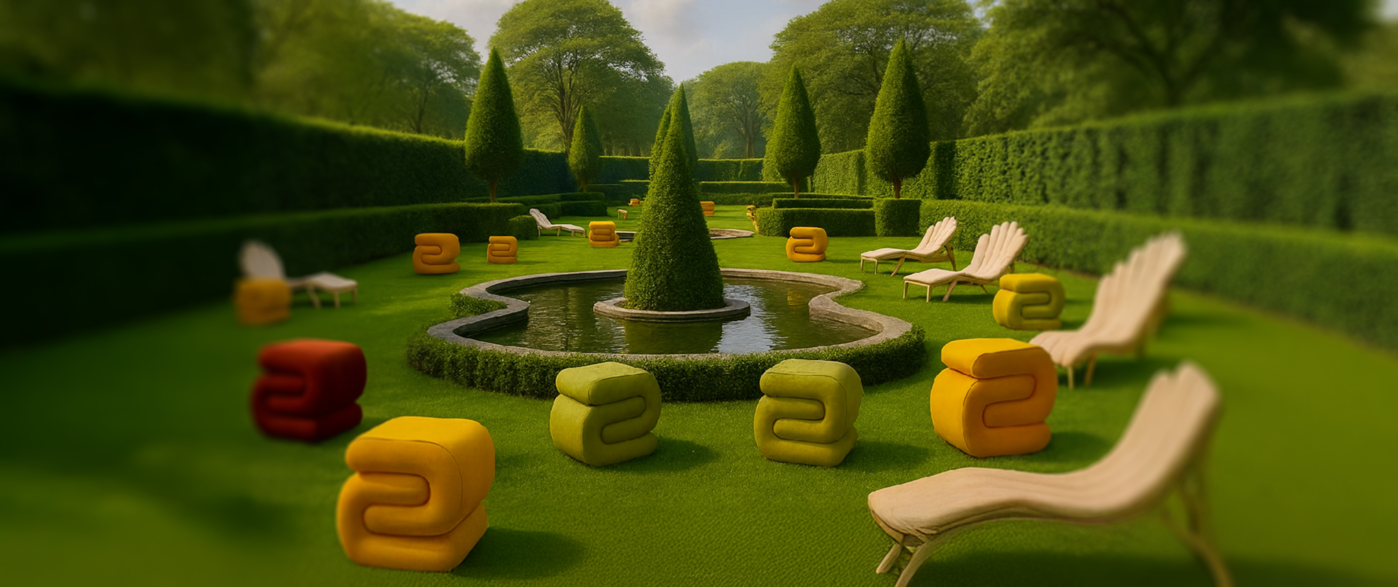 Allestimento lounge per eventi con poltrone moderne gialle e rosa in giardino formale con fontana