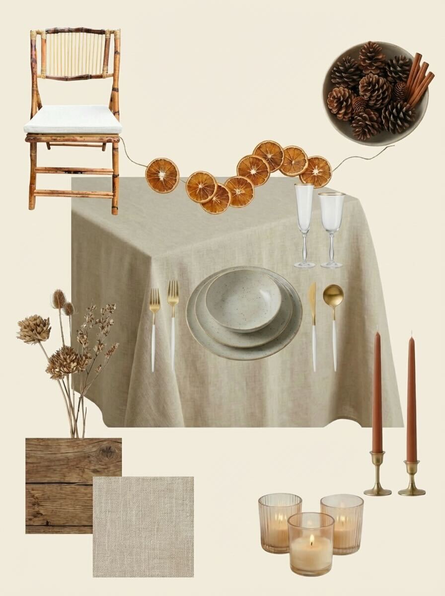 Allestimento autunnale luxury a noleggio - mise en place esclusiva toni beige e oro con ghirlanda foglie, candele e sedie chiavarine per cene eleganti indimenticabili in cas