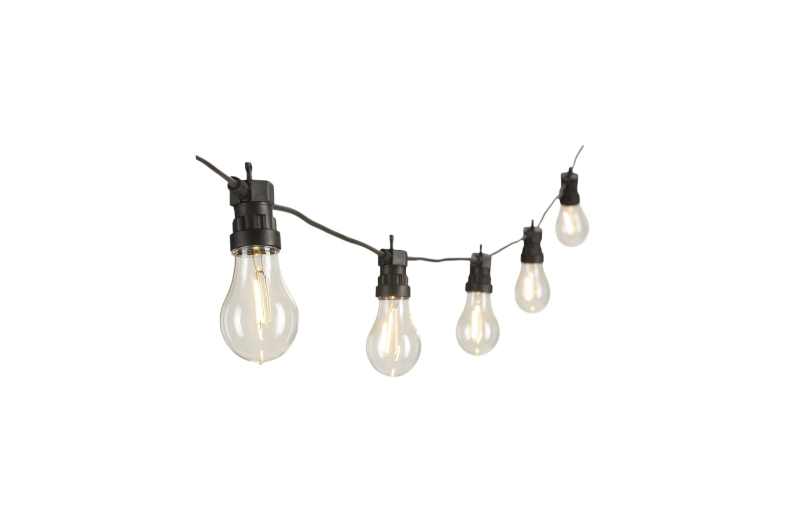 Catena luminosa con lampadine LED trasparenti a filo nero, ideale per illuminazione decorativa, a noleggio per eventi.