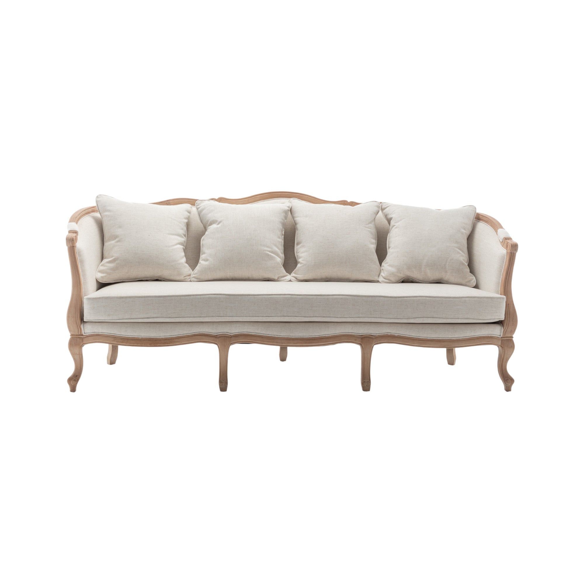 Divano classico francese imbottita in legno chiaro con cuscini crema e dettagli curvi, a noleggio per lounge ed eventi
