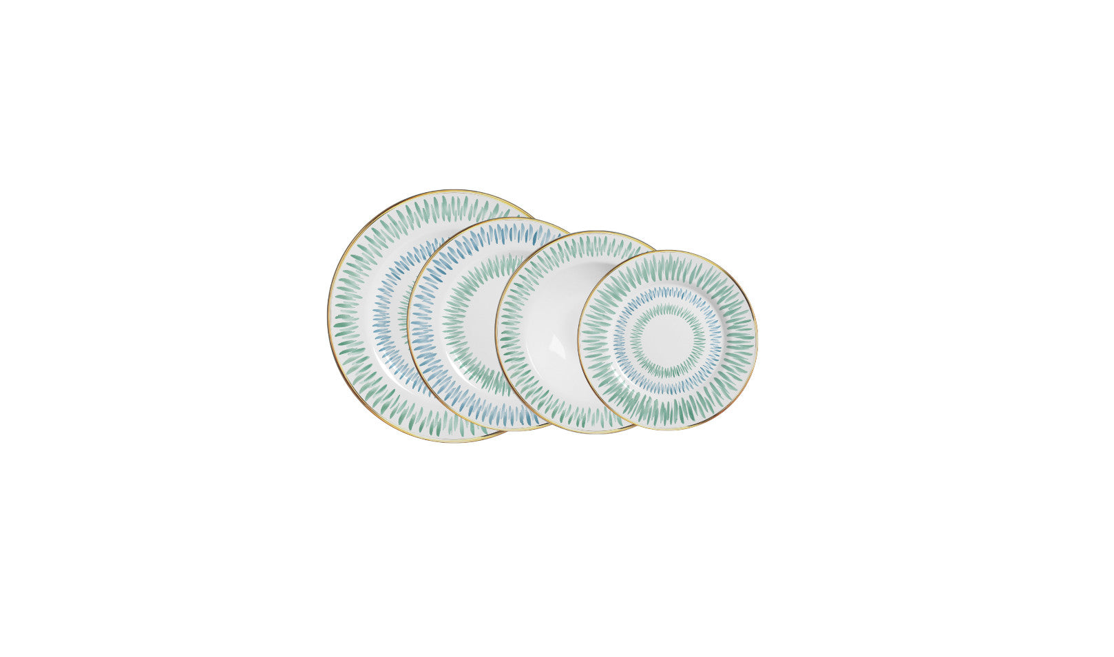 Set di piatti in porcellana bianca decorati con raffinato motivo geometrico verde e azzurro e bordo dorato, a noleggio