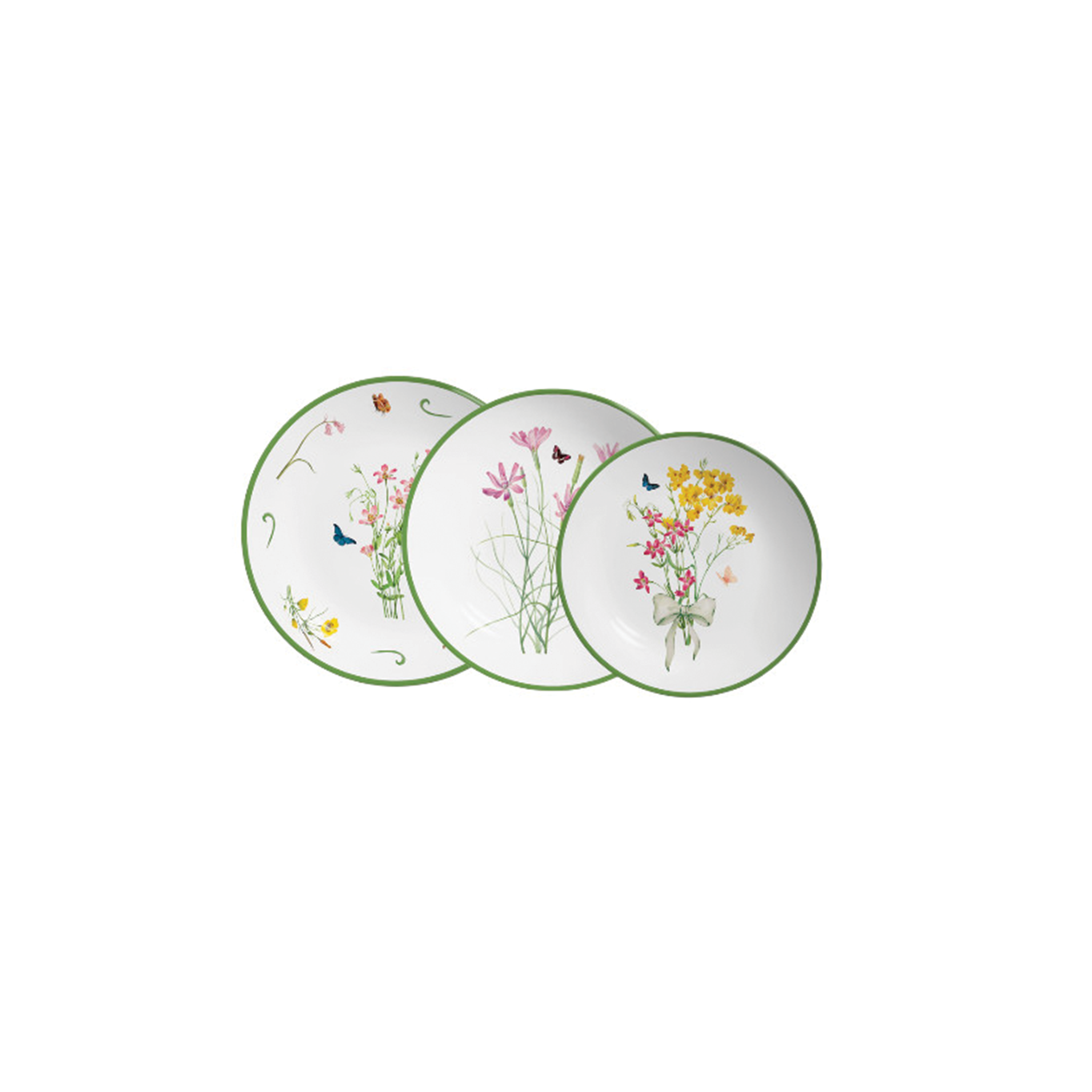 Set di piatti in porcellana decorati con fiori colorati, dettagli di farfalle e bordo verde, a noleggio per matrimoni.
