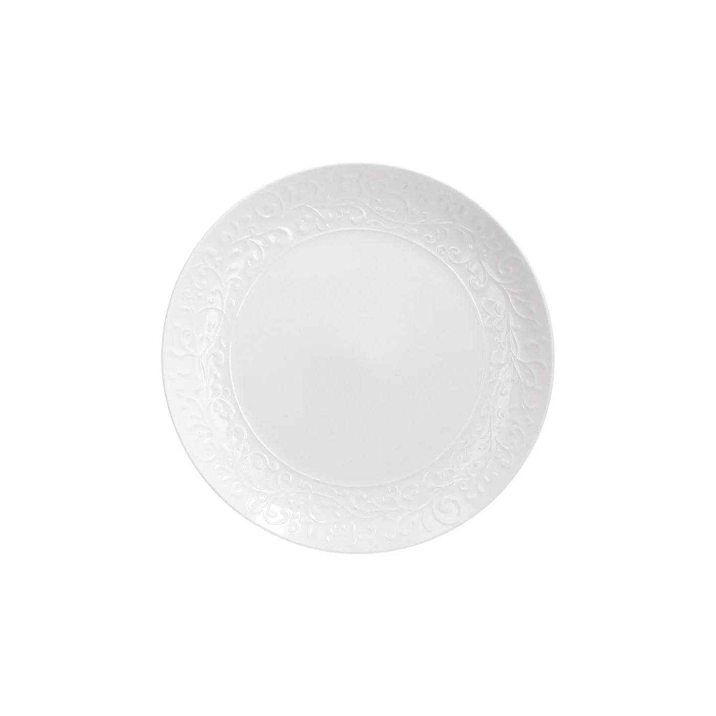 Piatti piani bianchi in porcellana con decoro floreale elegante in rilievo tono su tono sul bordo, a noleggio per matrimoni