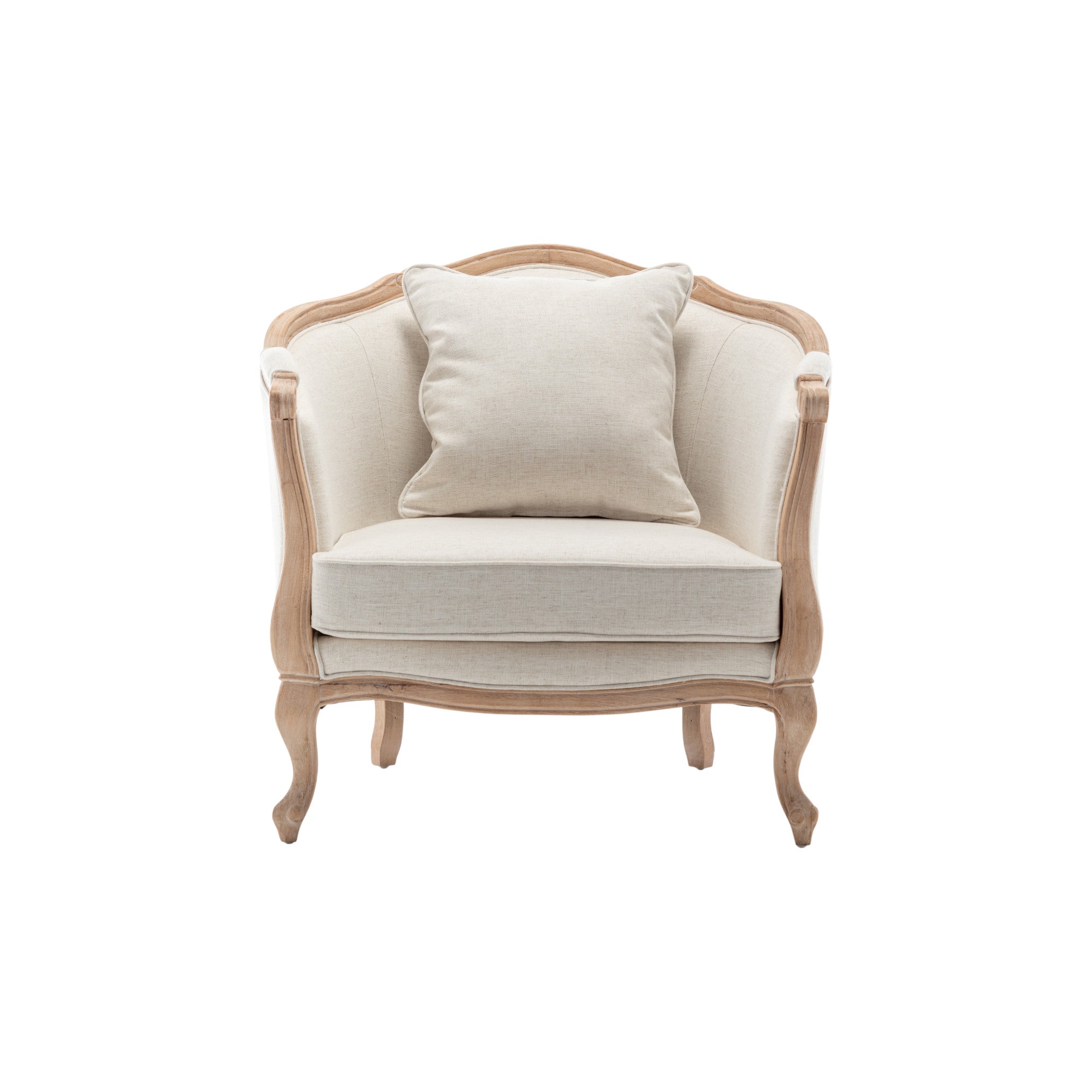 Poltrona classica francese imbottita in legno chiaro con cuscini crema e dettagli curvi, a noleggio per lounge ed eventi