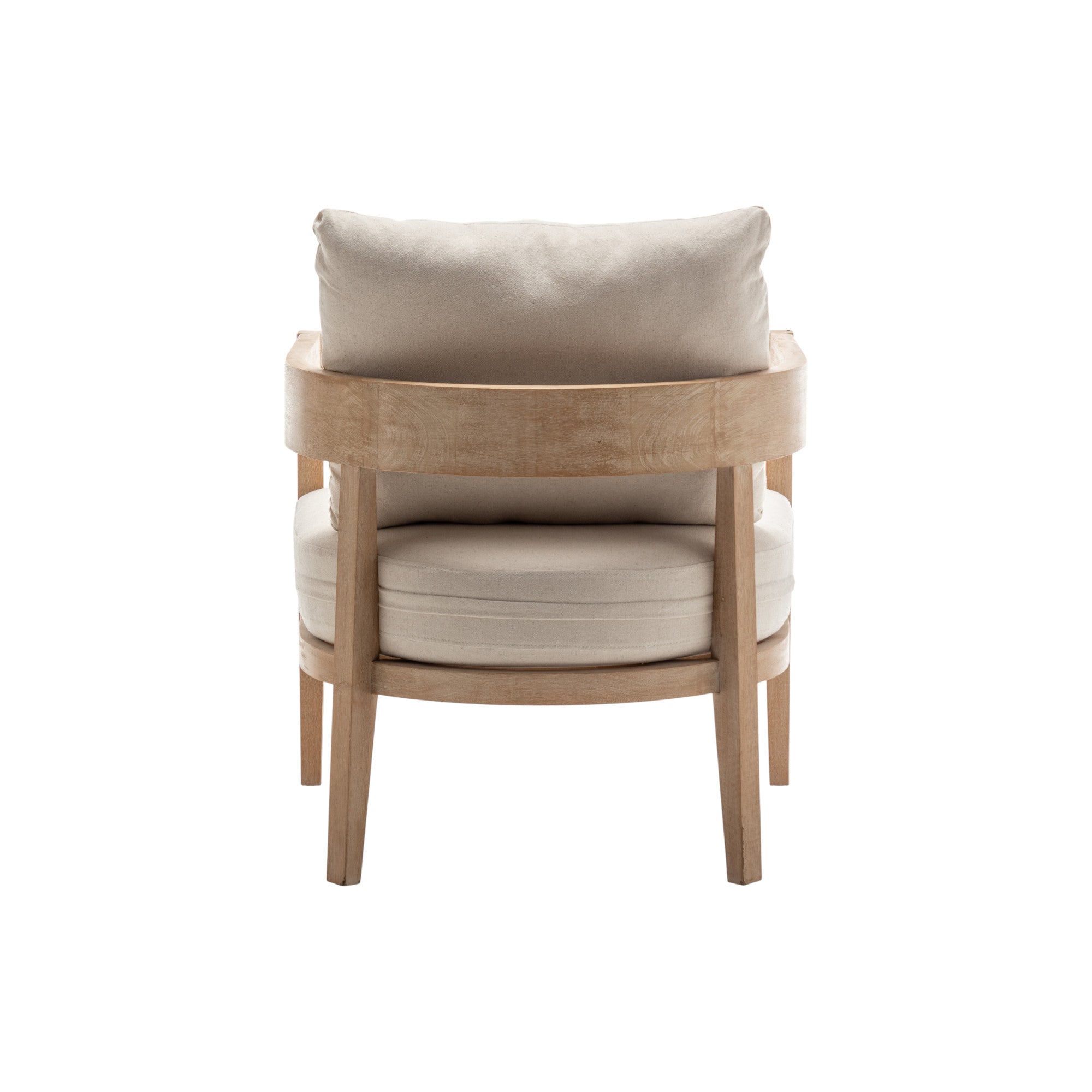 Vista posteriore di poltrona in legno naturale con cuscini crema dallo stile essenziale e minimalista, a noleggio per lounge eventi a Roma.