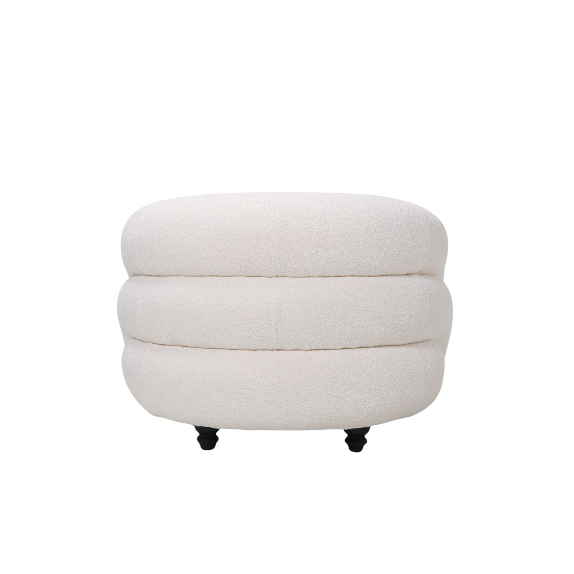 Vista posteriore di poltrona imbottita design moderno in tessuto bouclè bianco con gambe nere e forma avvolgente e tondeggiante,a noleggio