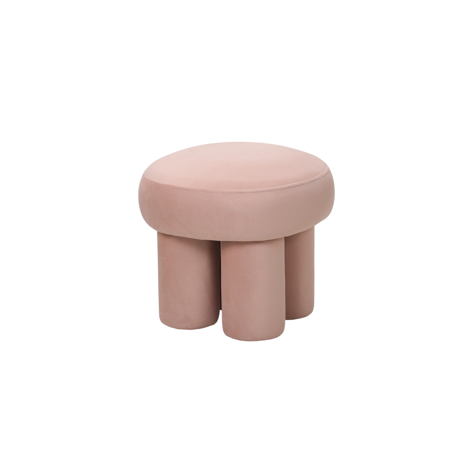 Pouf rotondo design moderno in velluto rosa cipria con gambe cilindriche, linee morbide, a noleggio a Roma.