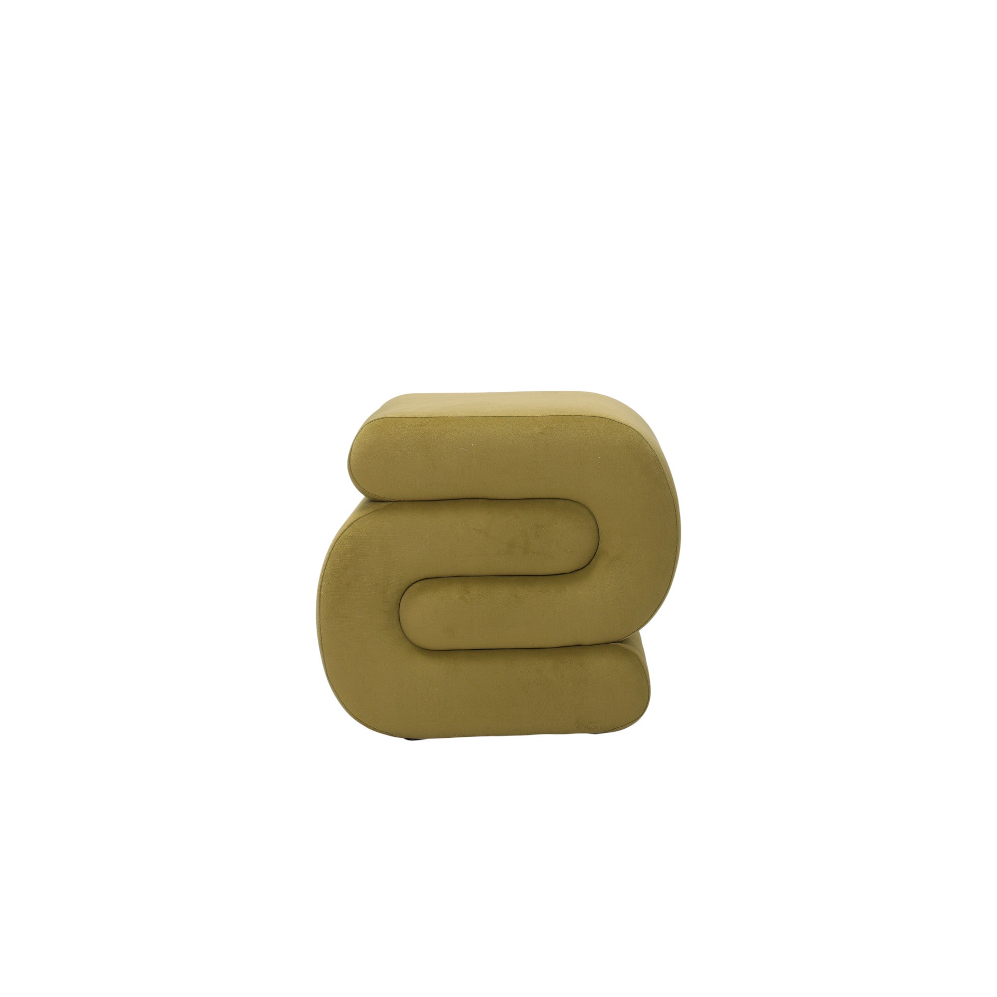 Pouf imbottito design moderno in velluto verde e forma sinuosa e avvolgente in linea continua, a noleggio a Roma.