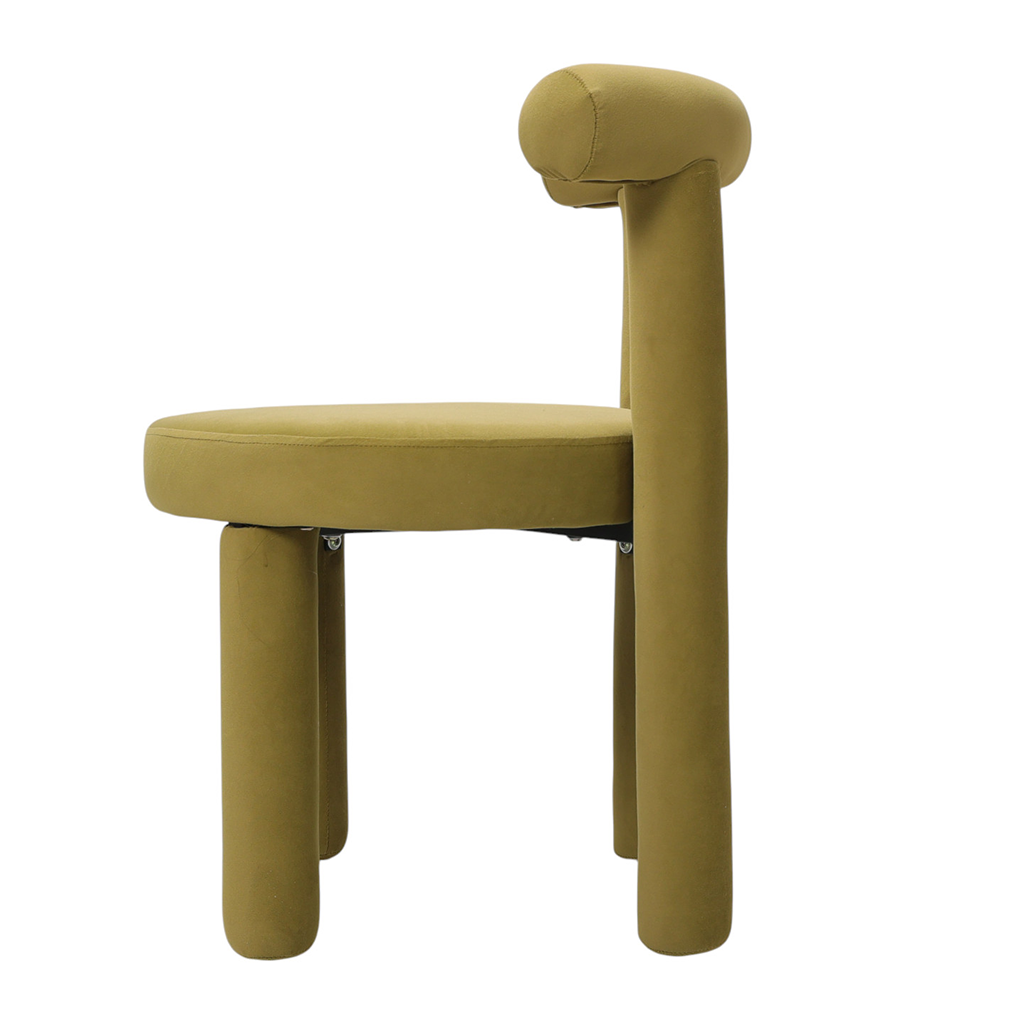 Sedia imbottita verde oliva in velluto con schienale curvo e gambe cilindriche di design contemporaneo, a noleggio