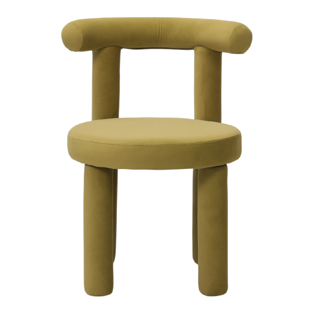 Sedia imbottita verde oliva in velluto con schienale curvo e gambe cilindriche di design contemporaneo, a noleggio a Roma