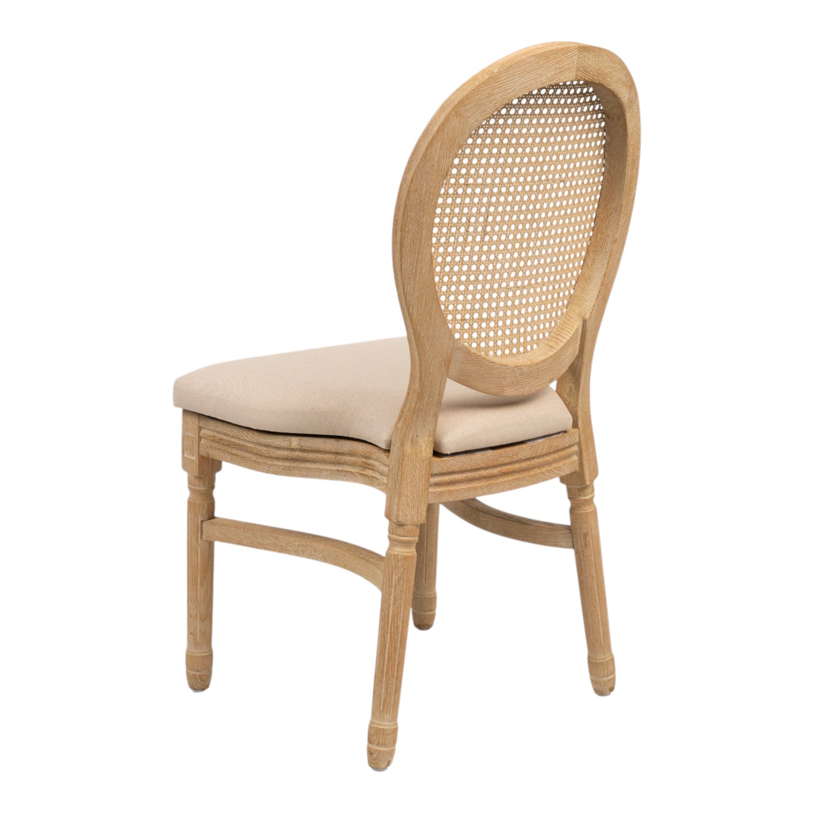 Sedia in legno chiaro con schienale ovale in rattan paglia di Vienna e seduta imbottita crema, a noleggio a Roma