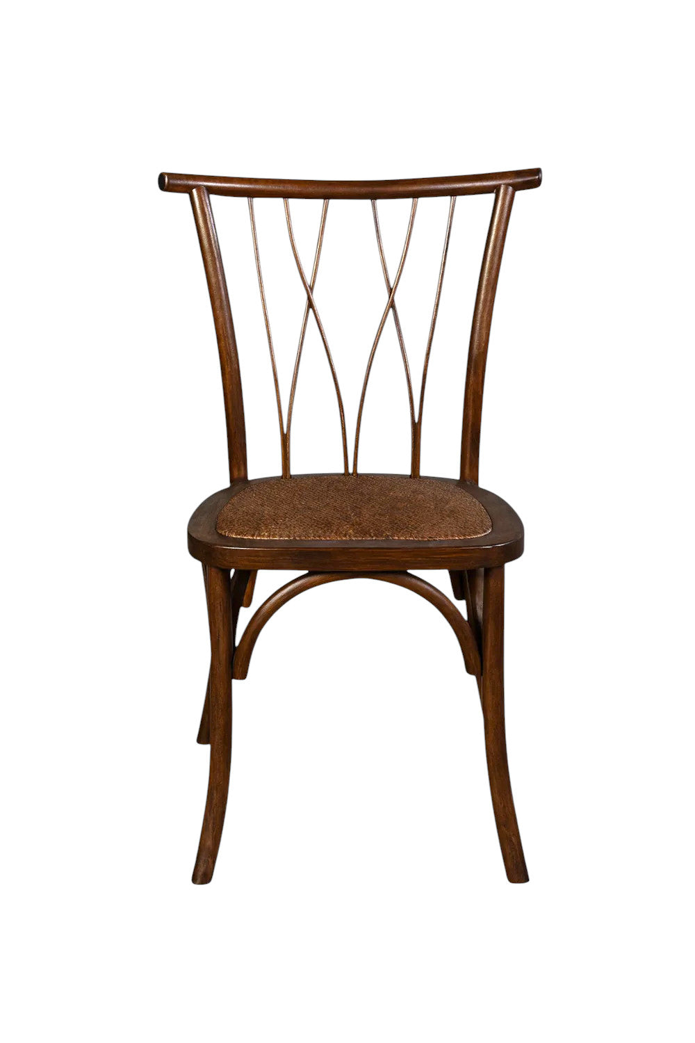 Sedia in legno scuro con schienale a stecche incrociate a W e seduta liscia, alternativa alla sedia crossback, a noleggio