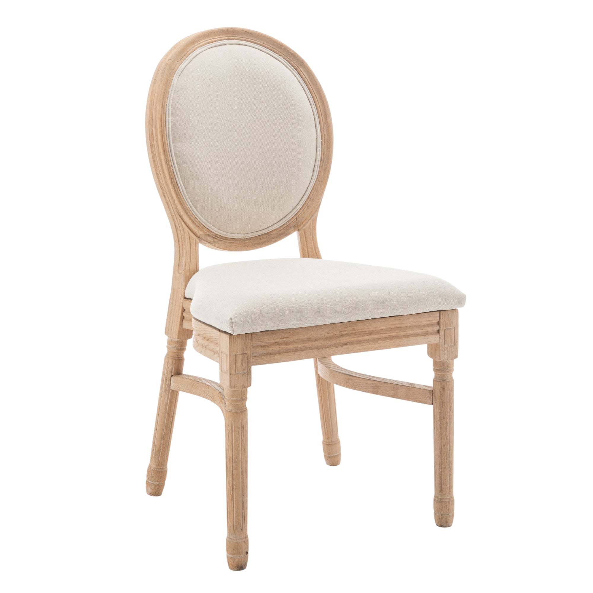 Sedia stile Luigi XVI in legno con schienale rotondo e seduta imbottita in tessuto chiaro, disponibile a noleggio a Roma e Anagni