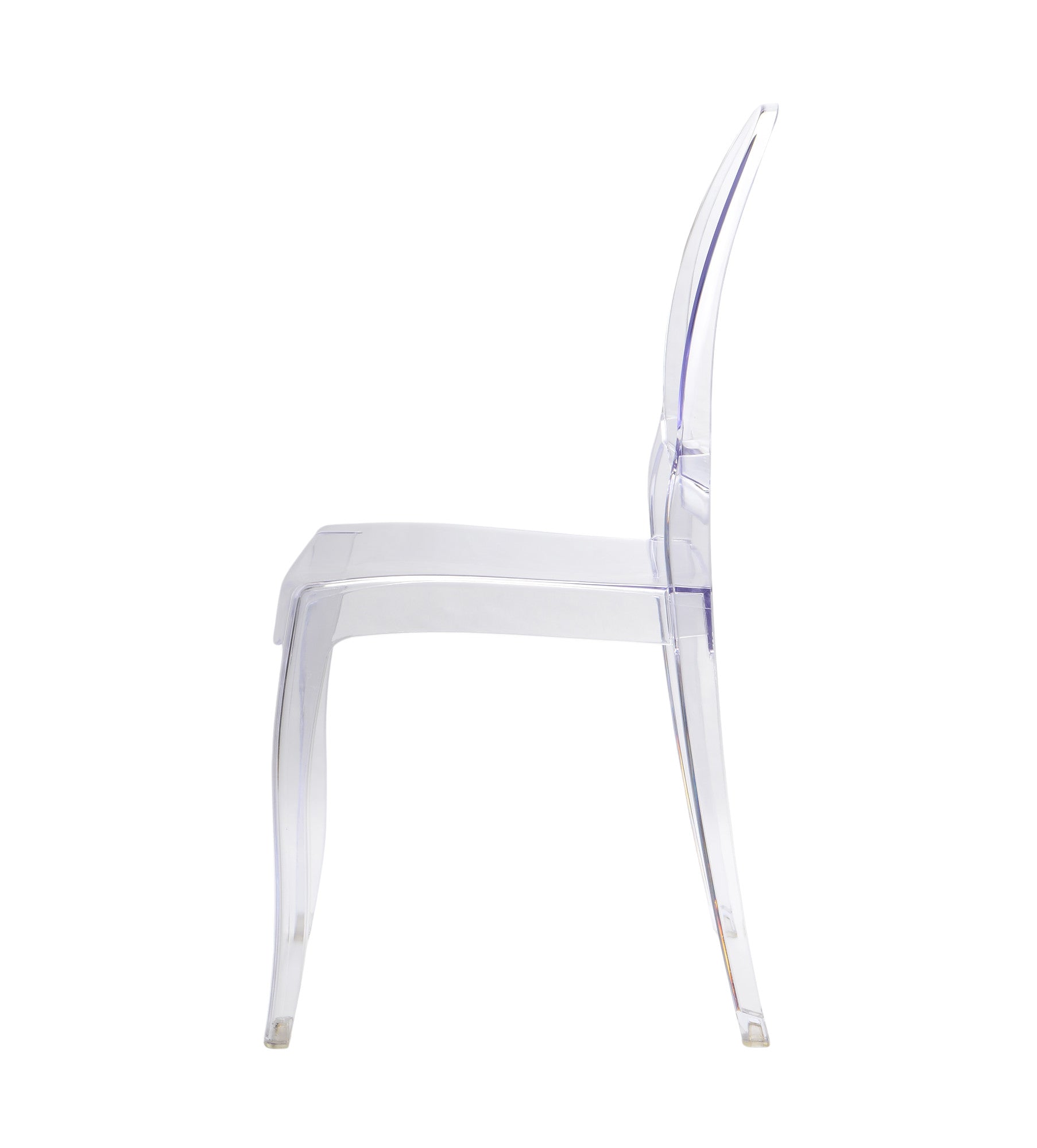 Sedia in policarbonato trasparente in stile Ghost con schienale tondo dal design moderno ed elegante, a noleggio