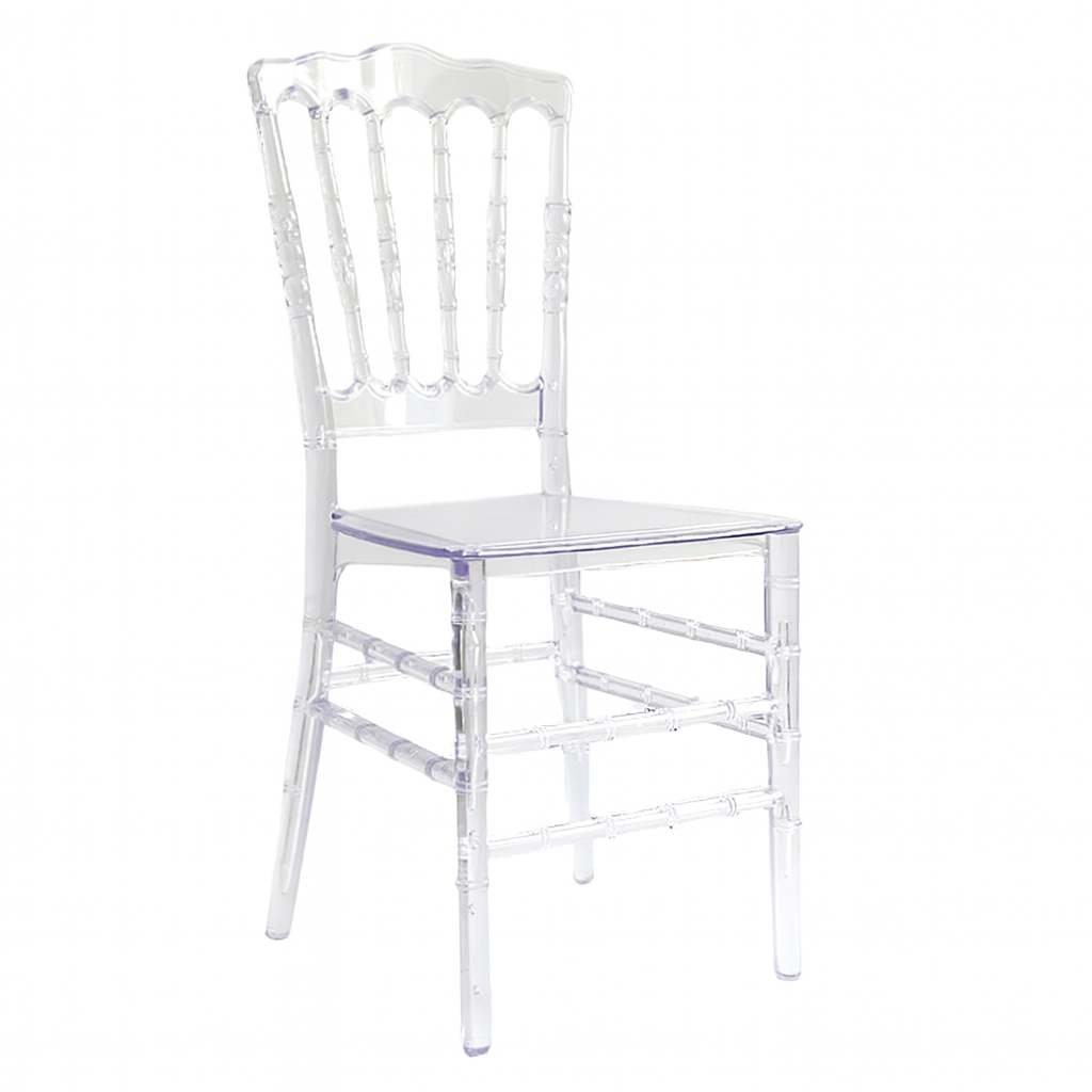 Sedia tipo chiavarina parigina tiffany in policarbonato trasparente, schienale alto e seduta liscia, a noleggio