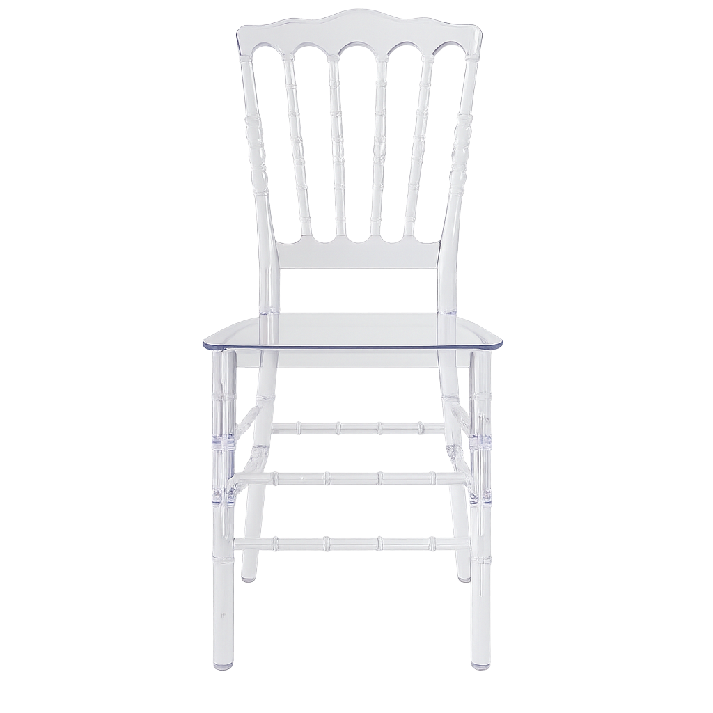 Sedia tipo chiavarina parigina tiffany in policarbonato trasparente, schienale alto e seduta liscia, a noleggio