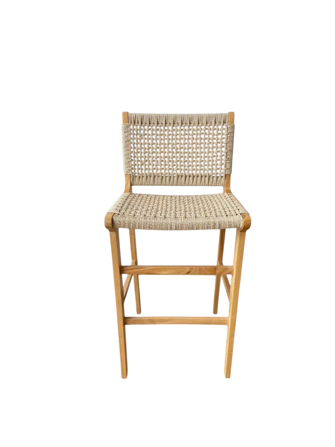 Sgabello alto in legno massello con seduta e schienale intrecciati in corda naturale, a noleggio per eventi e bar elegante