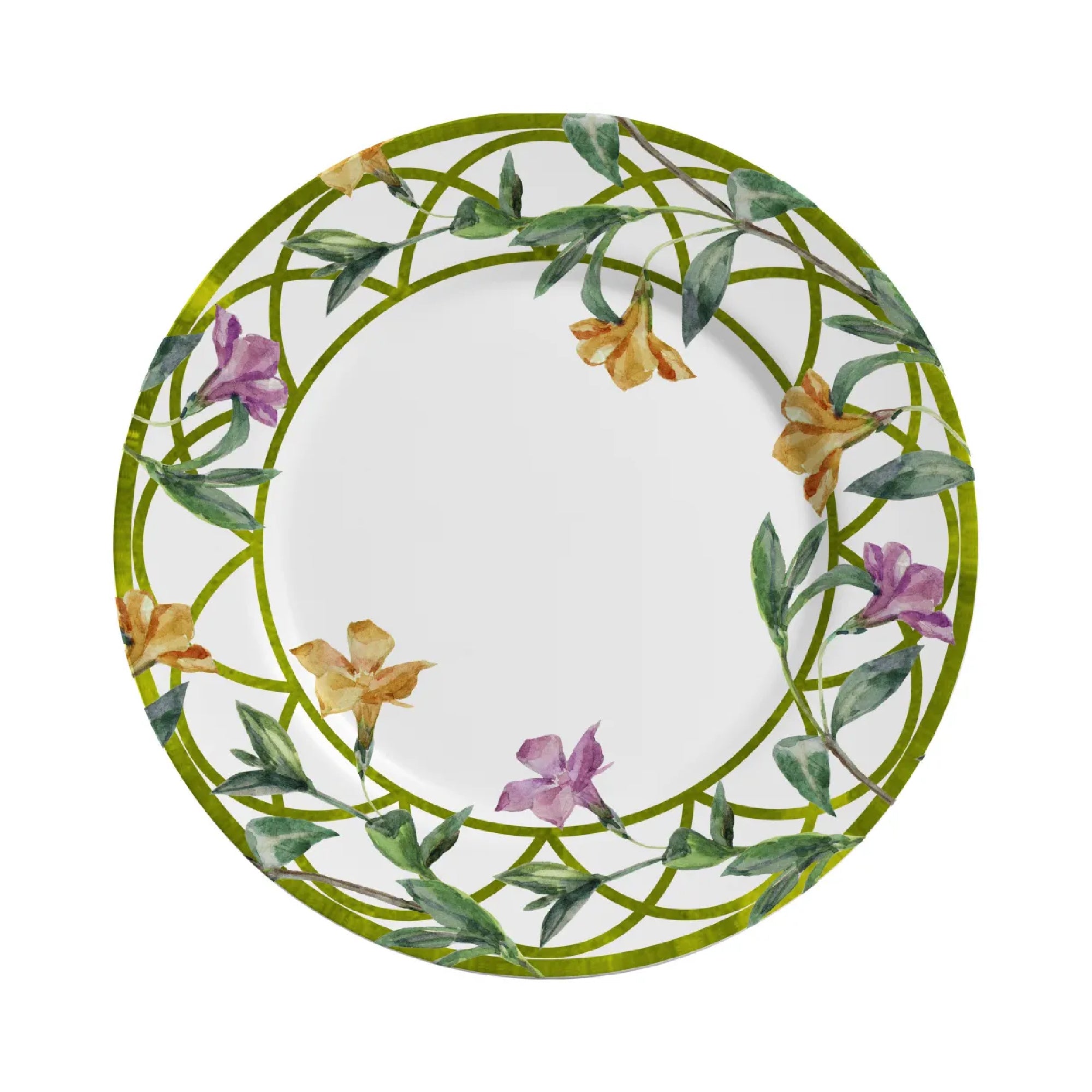 Sottopiatti in porcellana bianca decorati con fiori colorati e bordo verde a intreccio, a noleggio per matrimoni