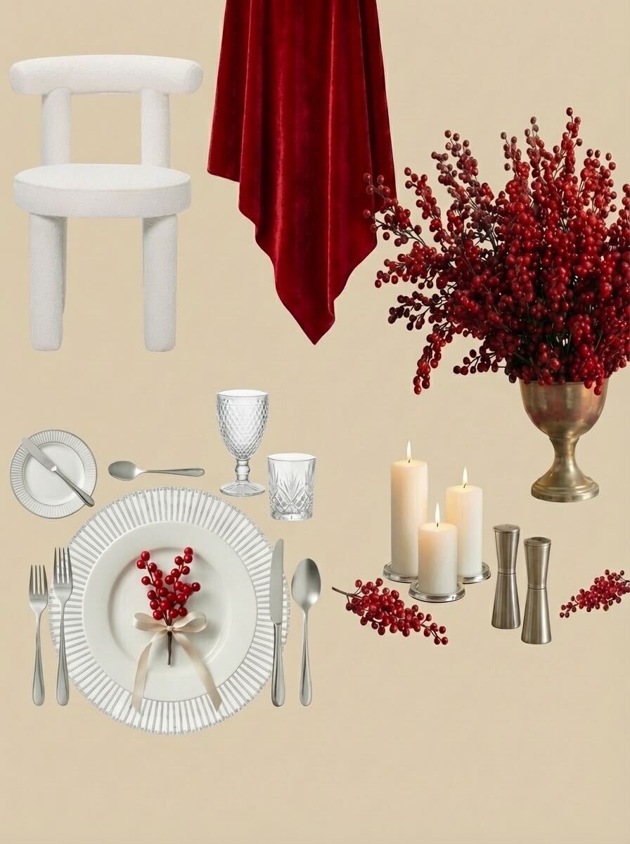 Tavola di Natale luxury a noleggio - allestimento esclusivo bianco e rosso bordeaux con bacche, candele su colonne e posate oro per cene di Natale indimenticabili in casa