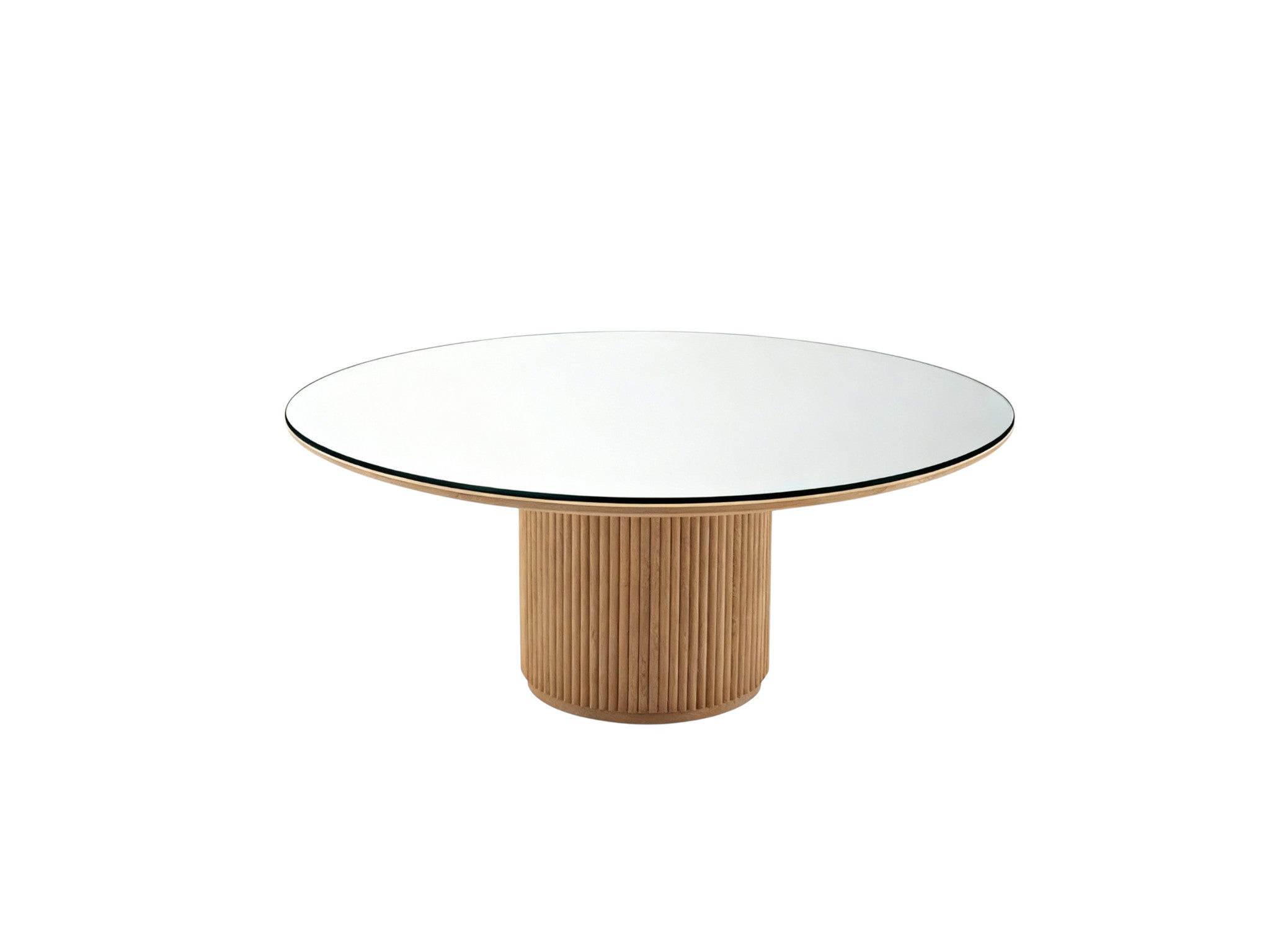 Tavolo rotondo in legno naturale con specchio e base centrale lavorata a doghe, diametro 180 cm, a noleggio