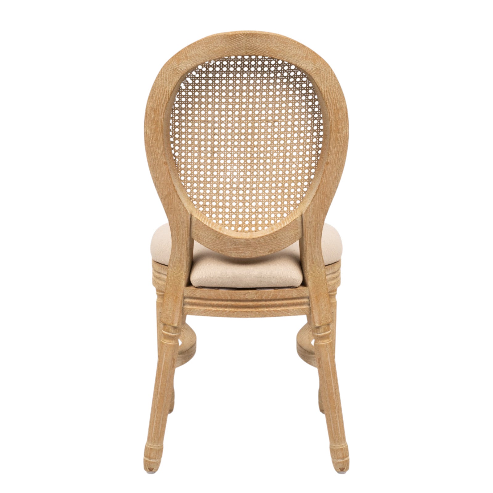 Sedia in legno chiaro con schienale ovale in rattan paglia di Vienna e seduta imbottita crema, a noleggio per matrimoni