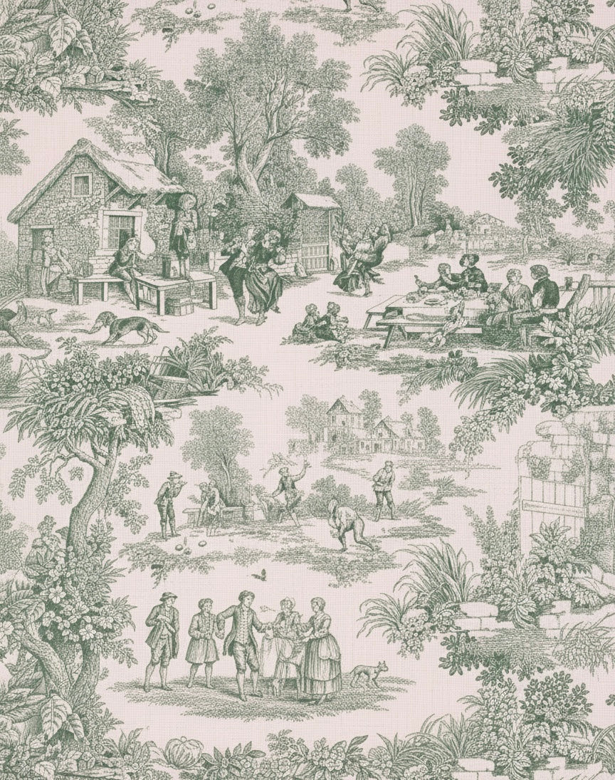 Tovaglia Toile de Jouy con scene bucoliche verde su fondo rosa per matrimoni romantici e eventi vintage