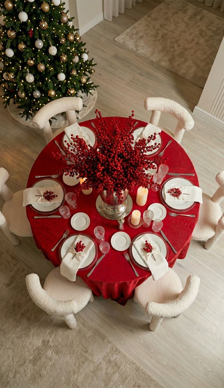 Tavola natalizia elegante vista dall'alto con tovaglia rossa, centrotavola con candele rosse e ornamenti dorati, sei segnaposto a forma di Babbo Natale e albero di Natale sullo sfondo