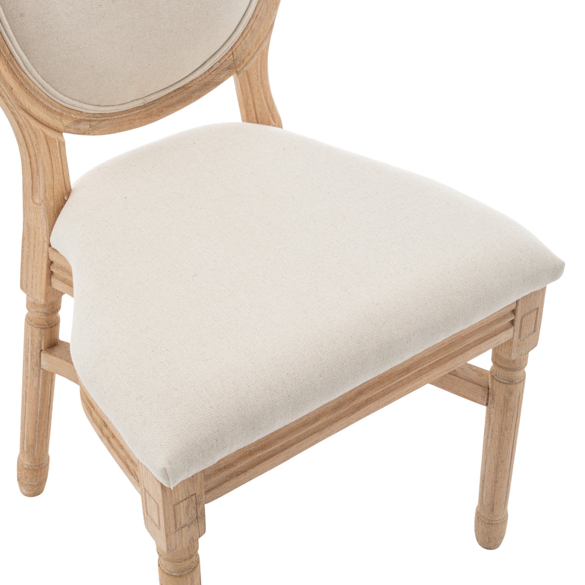 Vista laterale Sedia stile Luigi XVI in legno con schienale rotondo e seduta imbottita in tessuto tortora chiaro, a noleggio