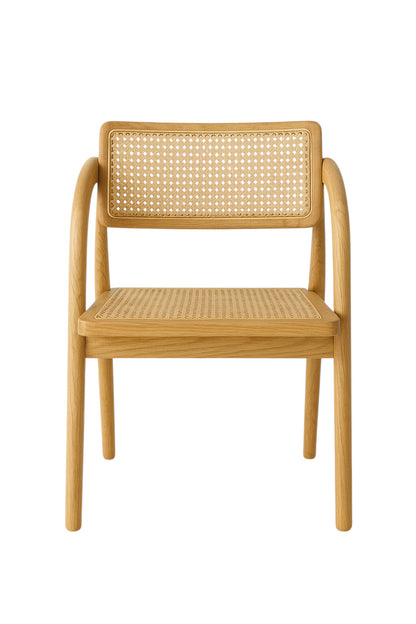 Sedia in legno chiaro con seduta e schienale in rattan stile paglia di Vienna intrecciata, a noleggio