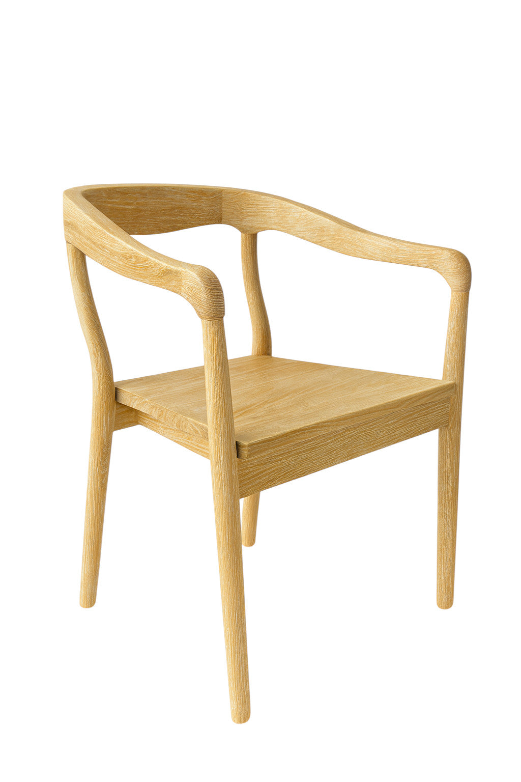 Vista laterale di sedia in legno naturale chiaro dal design nordico con braccioli e schienale curvi in unica linea continua, a noleggio ad Anagni