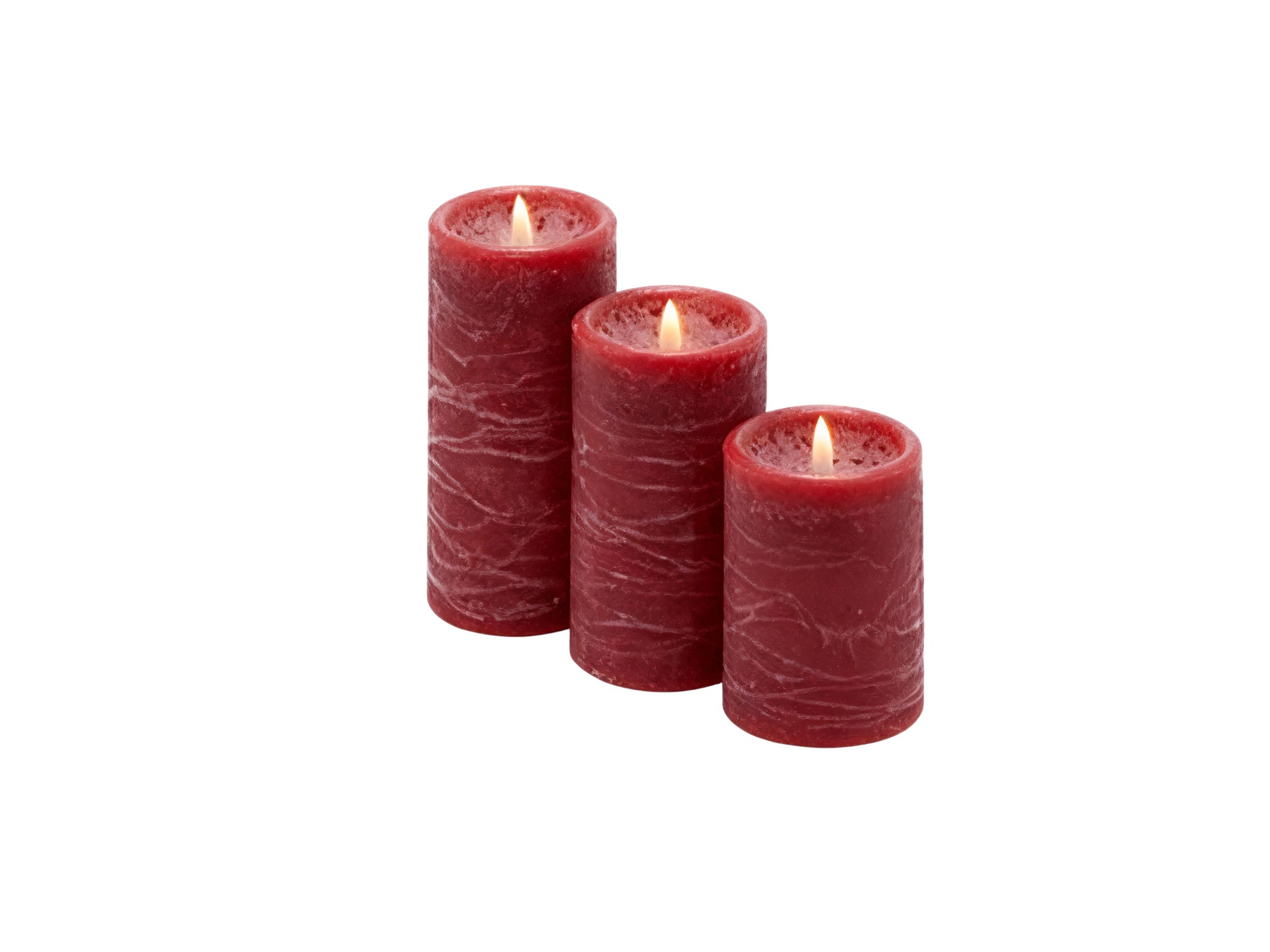 Set di tre candele LED decorative rosse con texture effetto cera, altezze 15, 13 e 7,5 cm, tecnologia a soffio per eventi