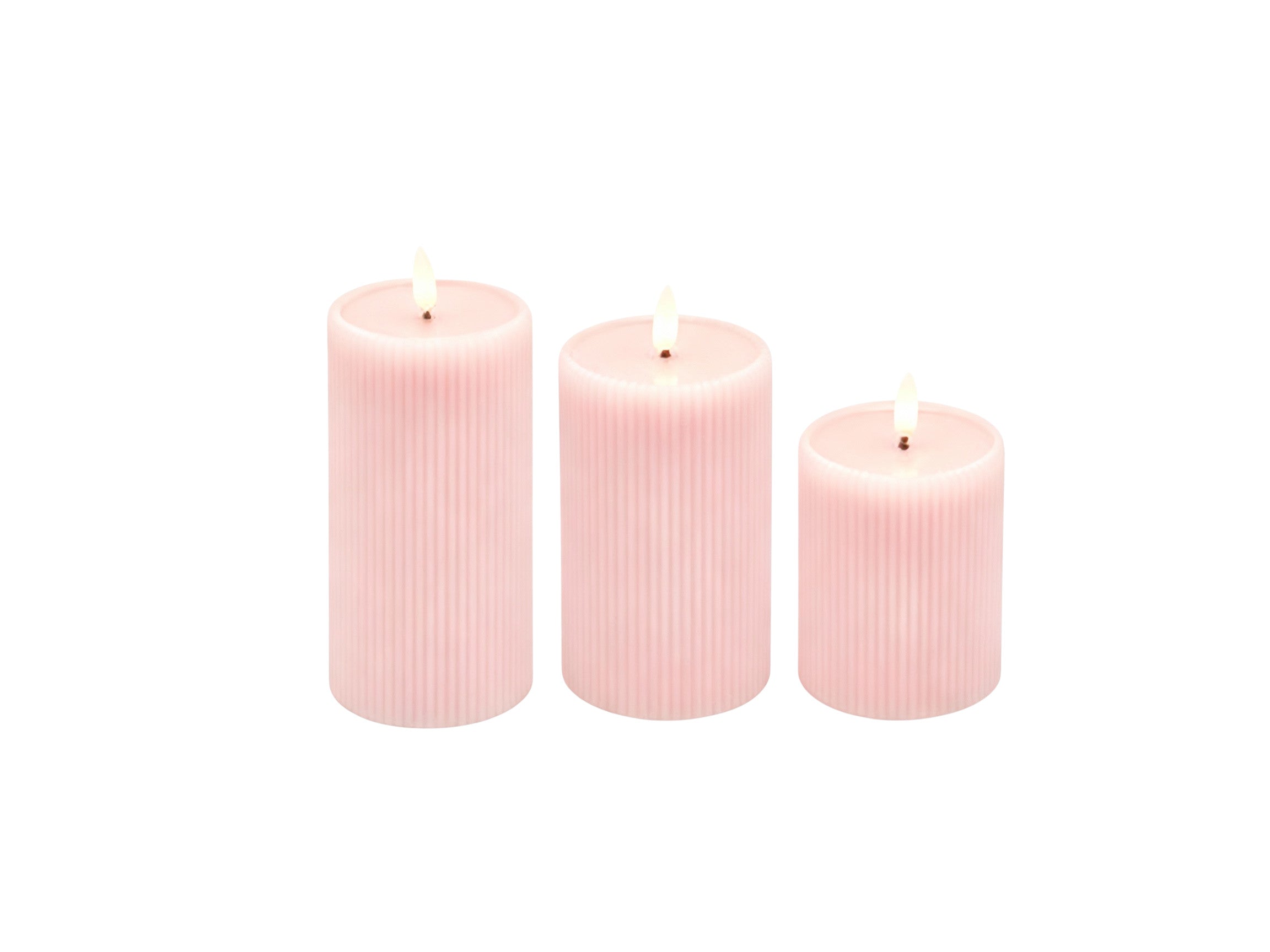 Set di tre candele LED Soffio di Natura in cera naturale rosa, altezze 15, 12 e 10 cm, con fiamma realistica per eventi
