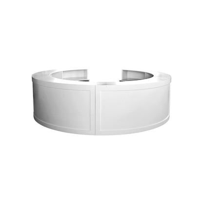 Bancone bar circolare bianco modulare con piano spazioso, componibile, a noleggio per matrimoni ed eventi a Roma.
