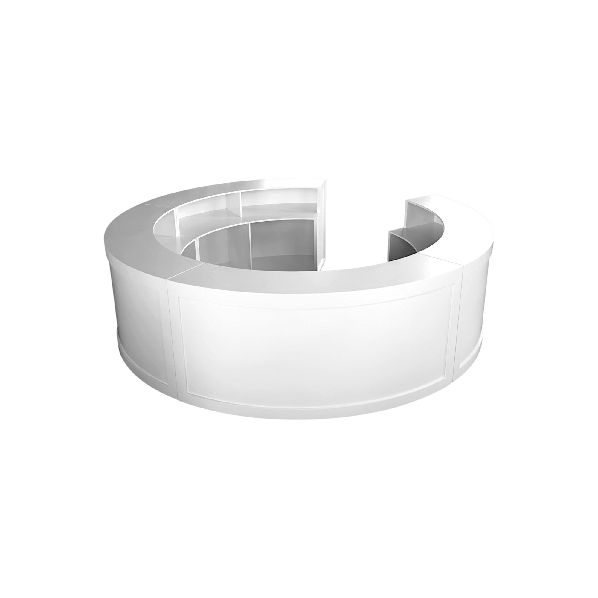 Bancone bar circolare bianco modulare con piano spazioso, componibile, a noleggio per matrimoni ed eventi
