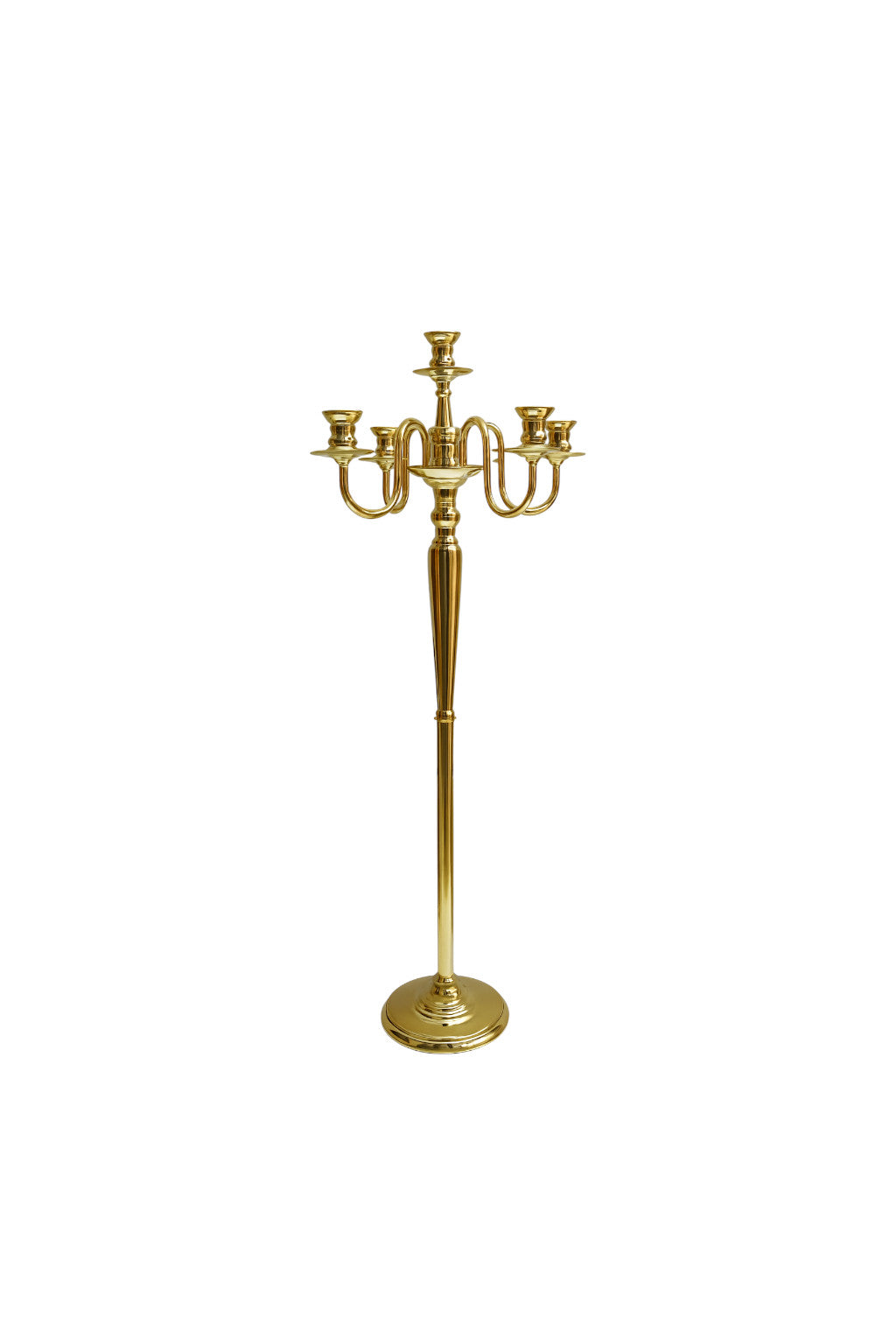 Candelabro dorato alto a 5 bracci in stile classico con finitura in oro lucido, elegante, a noleggio per matrimoni