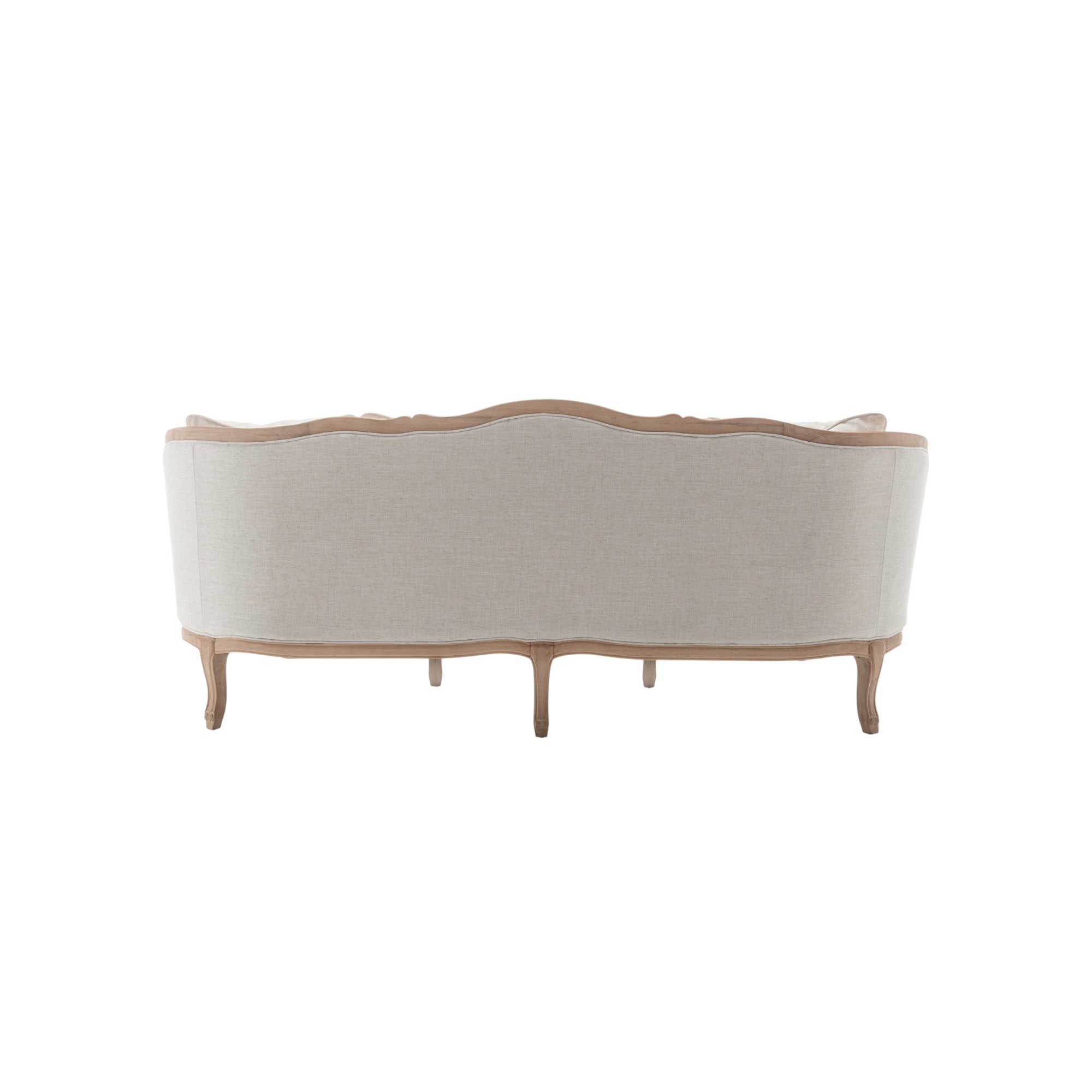 Divano classico francese imbottita in legno chiaro con cuscini crema e dettagli curvi, a noleggio per lounge ed eventi