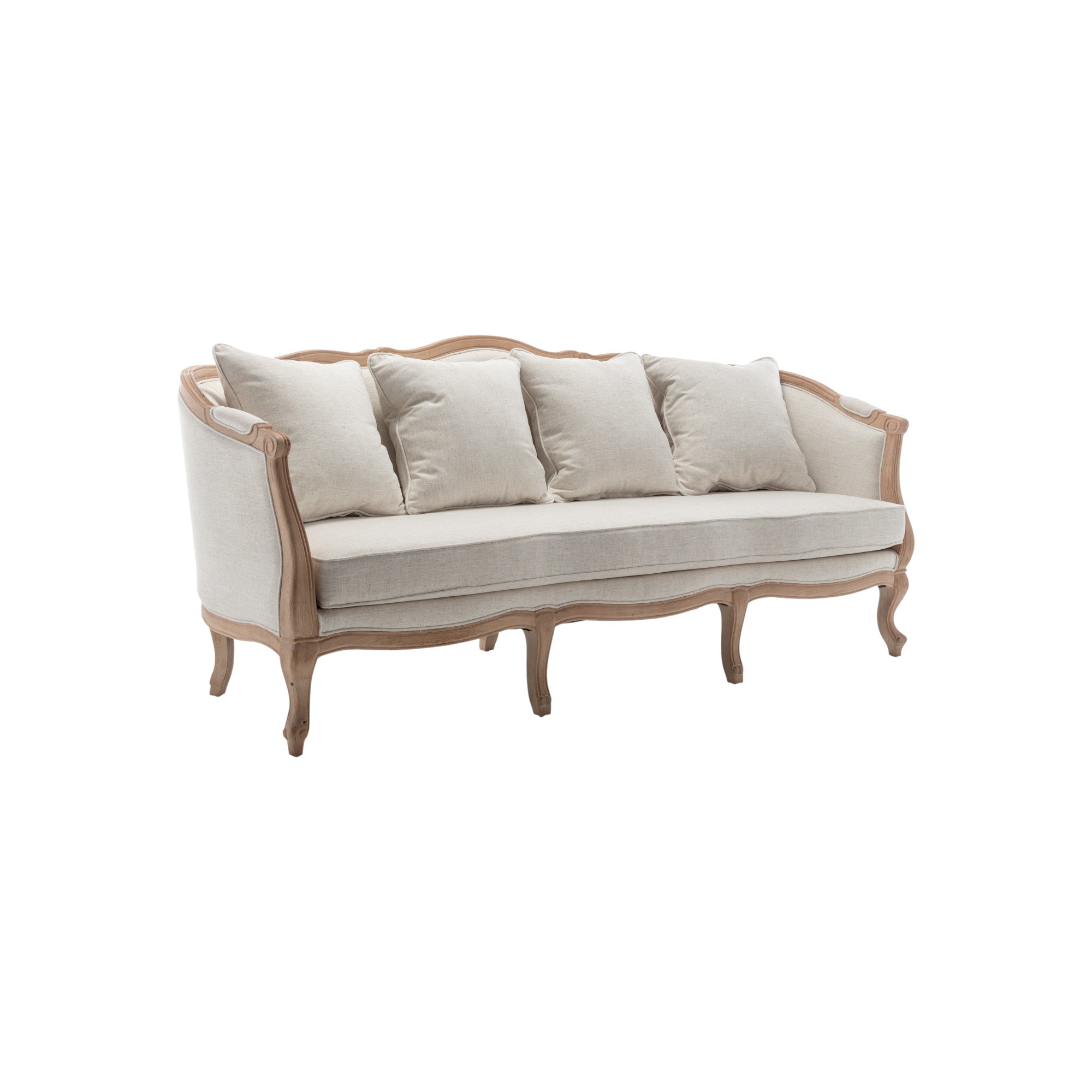 Divano classico francese imbottita in legno chiaro con cuscini crema e dettagli curvi, a noleggio per lounge ed eventi
