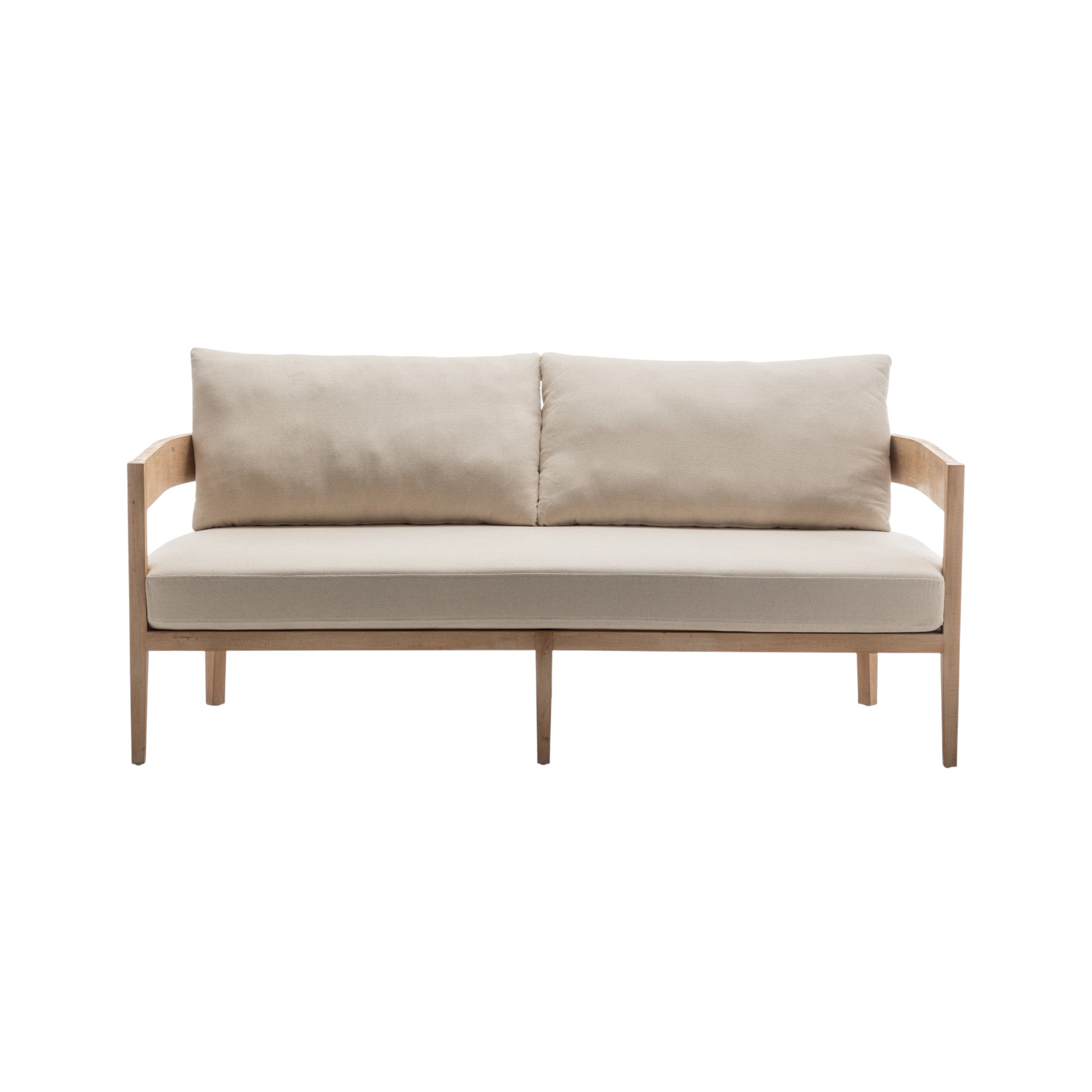 Divano in legno naturale con cuscini crema dallo stile essenziale e minimalista, a noleggio per lounge eventi a Roma.
