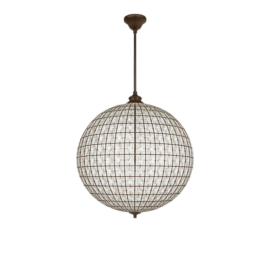 Lampada a sospensione sferica in metallo bronzato con inserti in cristallo, a noleggio per matrimoni ed eventi a Roma.
