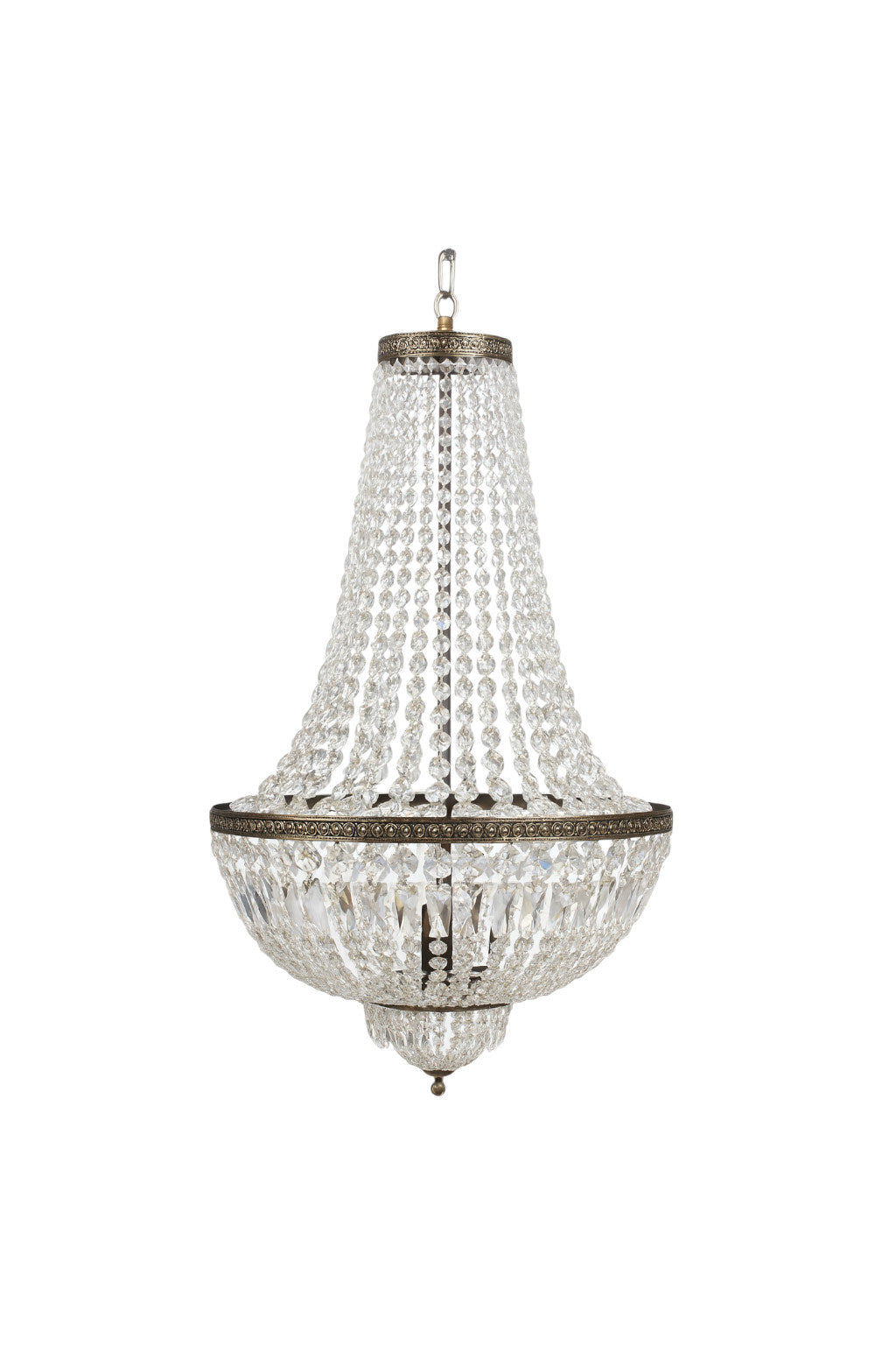 Lampadario a sospensione in cristallo con gocce a cascata stile impero, ideale come illuminazione scenografica, a noleggio