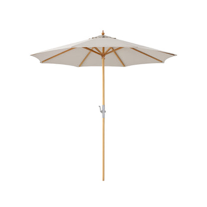 Ombrellone elegante in tessuto crema con struttura in legno naturale e dalla linea classica, a noleggio per eventi a Roma