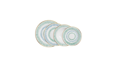 Set di piatti in porcellana bianca decorati con raffinato motivo geometrico verde e azzurro e bordo dorato, a noleggio