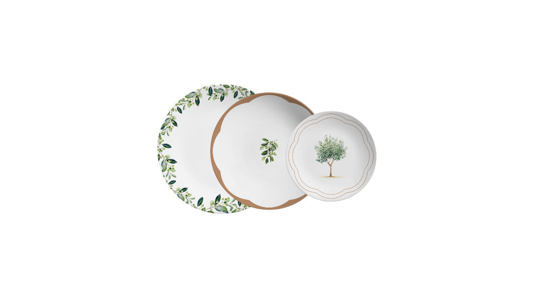 Set di piatti in porcellana decorati con motivo olivo, alberi e foglie, a noleggio per matrimoni e catering a Roma.
